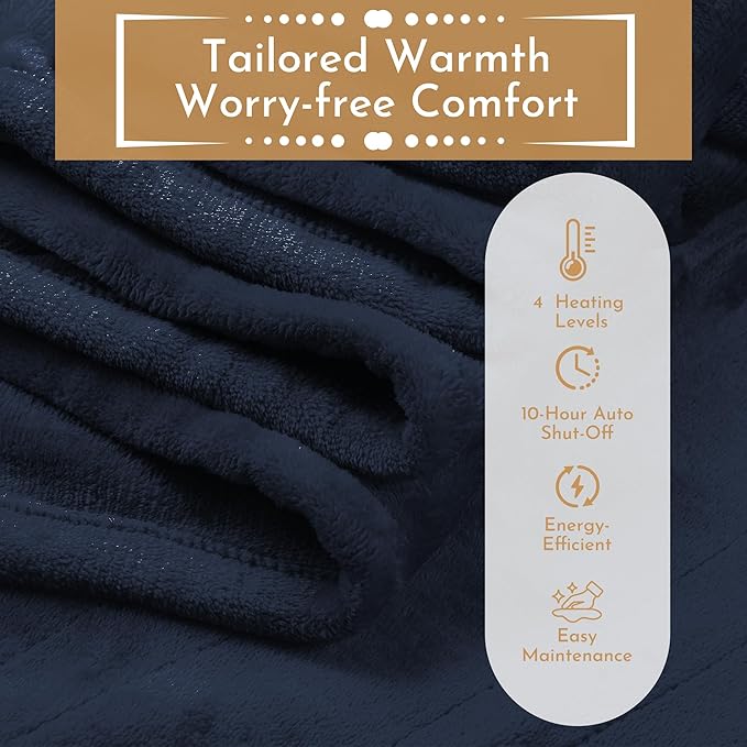 Electric Heated Blanket 72"x84" Full Size Microplush Cover Blanket, 5 Heat Settings & 10 Hours Auto Off, Cozy & Warm for All Night, Machine Washable, Dark Blue
