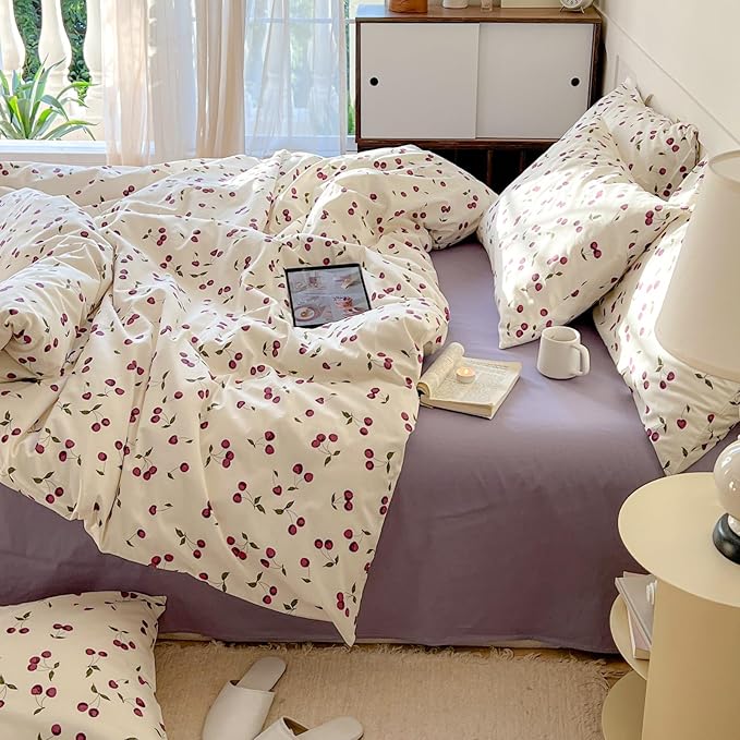 AOJIM Cherry Printed Duvet Cover Set for Kids Adults, Soft 100% Cotton Cute Bedding, Aesthetic Room Decor Comforter Cover with Fruit Motifs, Quilt Cover 3 Pieces (Twin Size), No Comforter