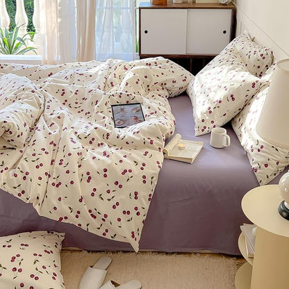 AOJIM Cherry Printed Duvet Cover Set for Kids Adults, Soft 100% Cotton Cute Bedding, Aesthetic Room Decor Comforter Cover with Fruit Motifs, Quilt Cover 3 Pieces (Twin Size), No Comforter