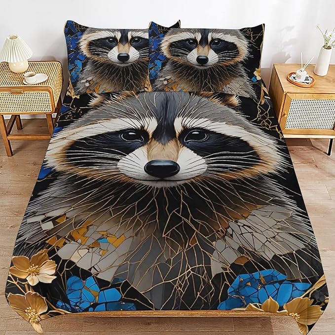 Queen Duvet Cover,Cute Brown Raccoon 3 Pcs Bedding,for Kids and Adults,for Bedroom Bed Decor,Lovely Animal Themecomforter Cover with 2 Pillowcases (Full)