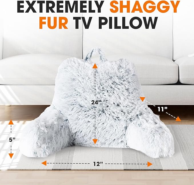Cheer Collection Fluffy Reading Pillow Chair - Shaggy Hair Chair Pillow with Arms for Bed & Couch, Blue Ombre