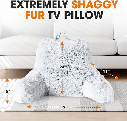 Cheer Collection Fluffy Reading Pillow Chair - Shaggy Hair Chair Pillow with Arms for Bed & Couch, Blue Ombre