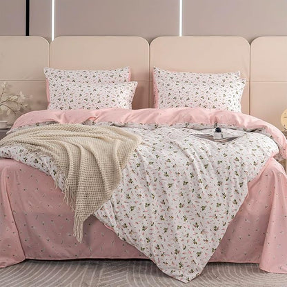 Jane yre Duvet Cover Queen Floral Brushed Microfiber 3 Pieces Floral Bedding Set Queen Garden Style Pink Floral Pattern Flower Queen Duvet Cover with Zipper Closure Luxury Soft Breathable Comfy