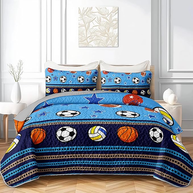 QOOMO Sports Quilt Set Twin Size,Basketball Bedspread Coverlet Set,Baseball 3Pcs Bedding Set Printed Quilt with 2 Pillowcases,Soft and Lightweight,for All Seasons