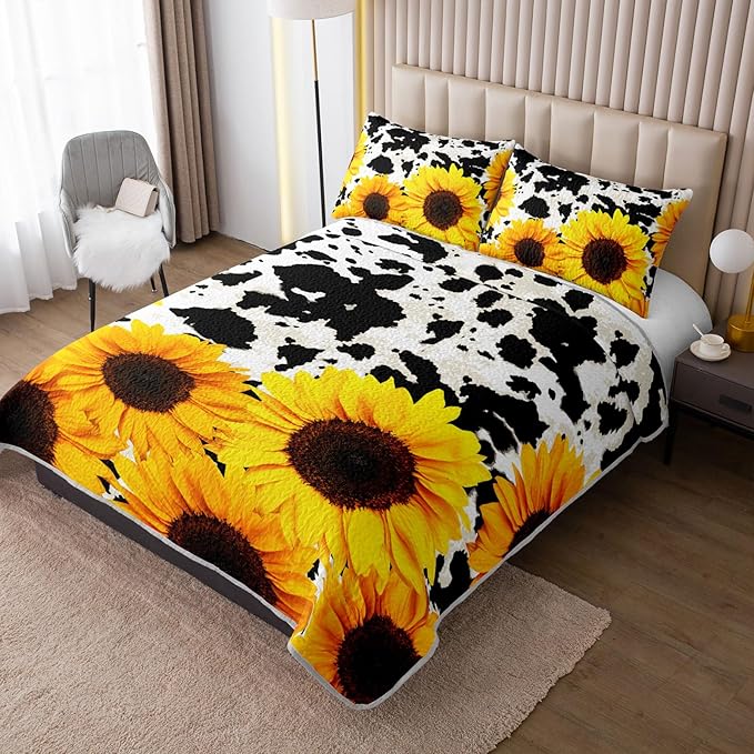 QOOMO Sunflower Quilt Set Twin Size,Cow Print Bedspread Coverlet Set,Animal Print 3Pcs Bedding Set Printed Quilt with 2 Pillowcases,Soft and Lightweight,for All Seasons