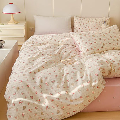 AOJIM Aesthetic Striped Duvet Cover Set with Floral and Rabbit Pattern, 1 Cotton Comforter Cover and 2 Pillowcases, Soft Durable Kids Duvet Cover Twin Size, Pink Bedding for Room Decor, No Comforter
