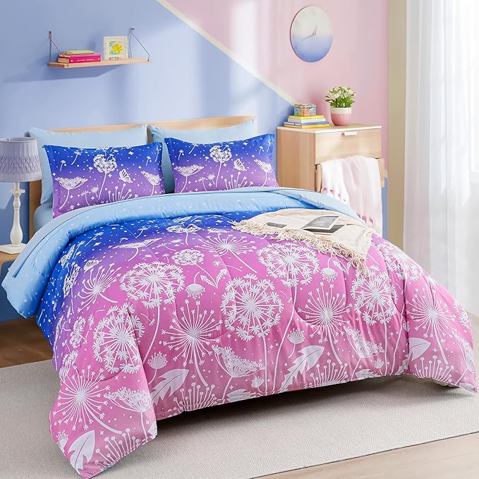 Menghomeus Girls Comforter Set Full Size 7 Pieces Bed in A Bag Ombre Blue Pink Bedding Set Dandelion Butterfly Print Kids Bedding Collections