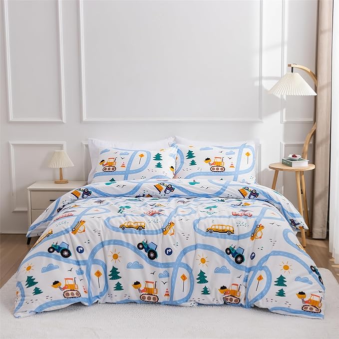 Car Kids Comforter Set Twin Size, 3 Piece Printed Microfiber Comforter with 2 Pillowcases, Lightweight Fun Boys Twin Bedding Set for All Season Washable Easy Care
