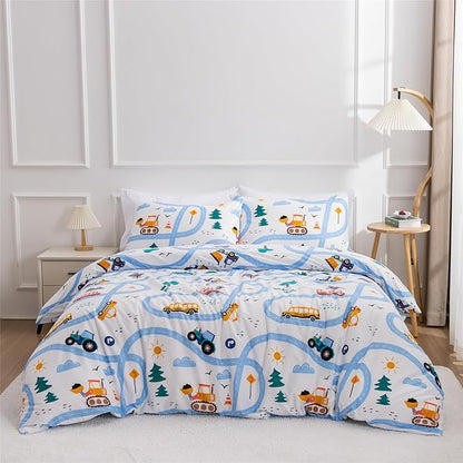 Car Kids Comforter Set Twin Size, 3 Piece Printed Microfiber Comforter with 2 Pillowcases, Lightweight Fun Boys Twin Bedding Set for All Season Washable Easy Care