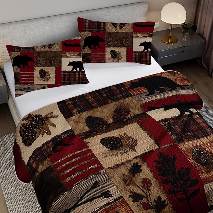 Rustic Black Bear Quilt Bedding Twin 3Pcs Natural Forest Wild Hunt Animal Bear Nut Bed Set Retro Flower Grid Pattern Bedspread Coverlet with 2 Pillowcases for Kid Boy Girl Teen Adult Bed Decor