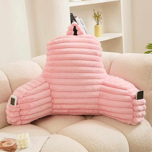 WERDIM Reading Pillow for Sitting in Bed, Faux Fur Back Pillow for Rest, Bed Chair Pillow with Arms and Pockets(XLarge, Pink)