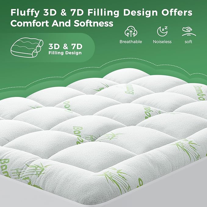 HYLEORY Mattress Topper Twin XL Size - Bamboo-Viscose Plush Pillow Top Mattress Pad, Thick Mattress Protector Cover Breathable Fluffy Soft Bed Topper with 8-21" Deep Pocket, Green