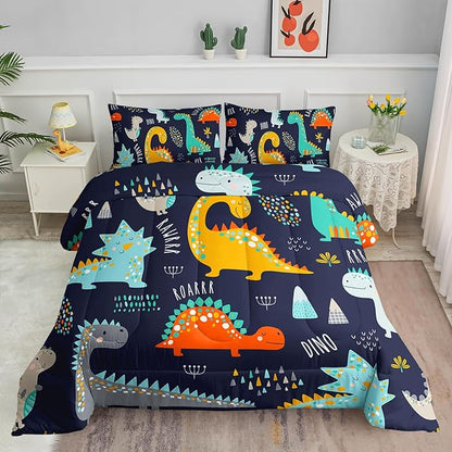 Cartoon Dinosaur Comforter Set Dark Blue Printed Bedding Set with 1 Comforter and 2 Pillowcases for Boys and Girls Bedroom All Season(Dinosaur Twin)