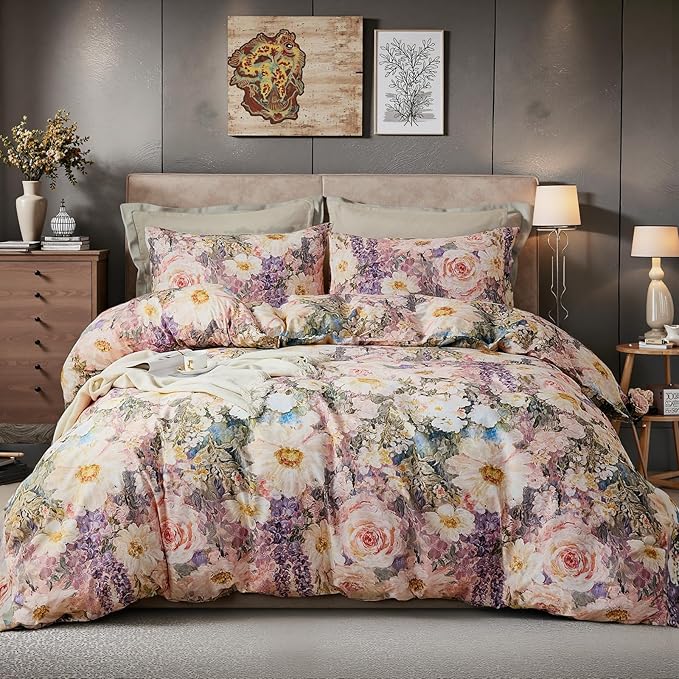 100% Cotton Duvet Cover King Size – Romantic Garden Impressionist Floral Duvet Cover Set with Zipper Closure, 3-Piece Luxury & Soft Bedding Set for All Seasons