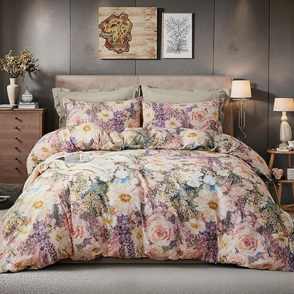 100% Cotton Duvet Cover Queen Size – Romantic Garden Impressionist Floral Duvet Cover Set with Zipper Closure, 3-Piece Luxury & Soft Bedding Set for All Seasons