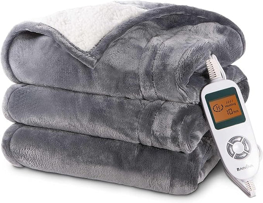 RAINOVA Heated Blanket Electric Throw, Electric Blanket-84''x90'', Soft Flannel Lamb Swool Heating Blanket, 10-Level Heating, 10-Hour Auto-Off, Gifts for Parents and Elders, Gray, ETL & FCC Certified