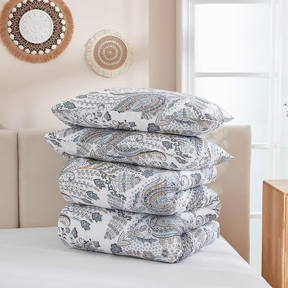 Grey Paisley Duvet Cover King Size 100% Cotton Comforter Covers Soft & Breathable 3 Pcs Luxury Duvet Cover Sets with Zipper Closure All Season