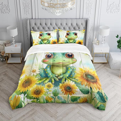 Cartoon Green Frog Bedding Set 3Pcs Yellow Sunflower Comforter Full Colorful Floral Botanical Pattern Quilt Set for Kids Teens Girls Boys Bed Decor Set with 1 Comforter and 2 Pillowcases