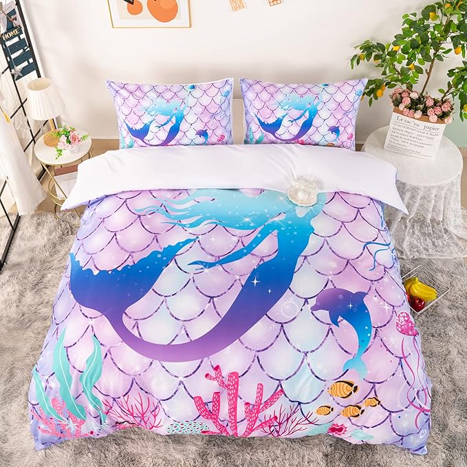CVHOUSE Mermaid Duvet Cover Twin Size,Ocean Rainbow Bedding Set for Girls Kids Teens,Beach Comforter Cover,1 2 Pillowcases 3 Piece Twin 71'x87'