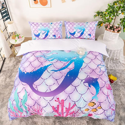 CVHOUSE Mermaid Duvet Cover Twin Size,Ocean Rainbow Bedding Set for Girls Kids Teens,Beach Comforter Cover,1 2 Pillowcases 3 Piece Twin 71'x87'