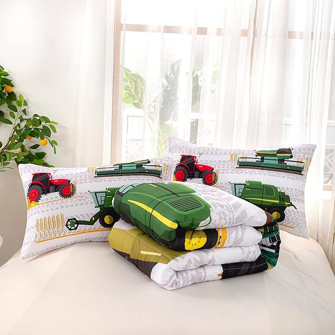 CVHOUSE Bedding Set for Boys, Tractor Comforter Twin, Cartoon Truck Quilt Set with 1 Comforter and 2 Pillow Cases- 3 Piece