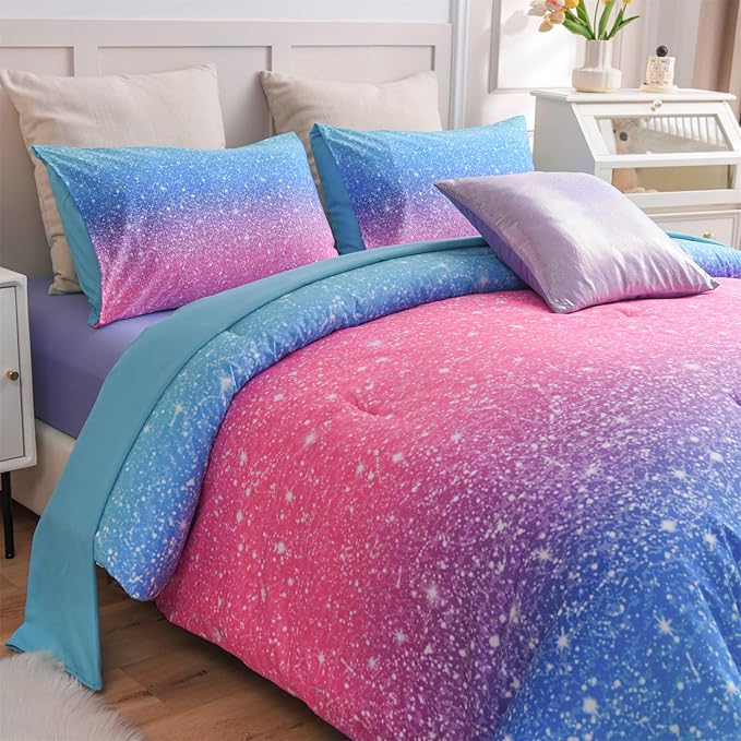 A Nice Night 6Pcs Gradient Glitter Bedding Set for Girls Full Size, Colorful Rainbow Galaxy Comforter Set, Ultra Soft Bedding Sets, Blue