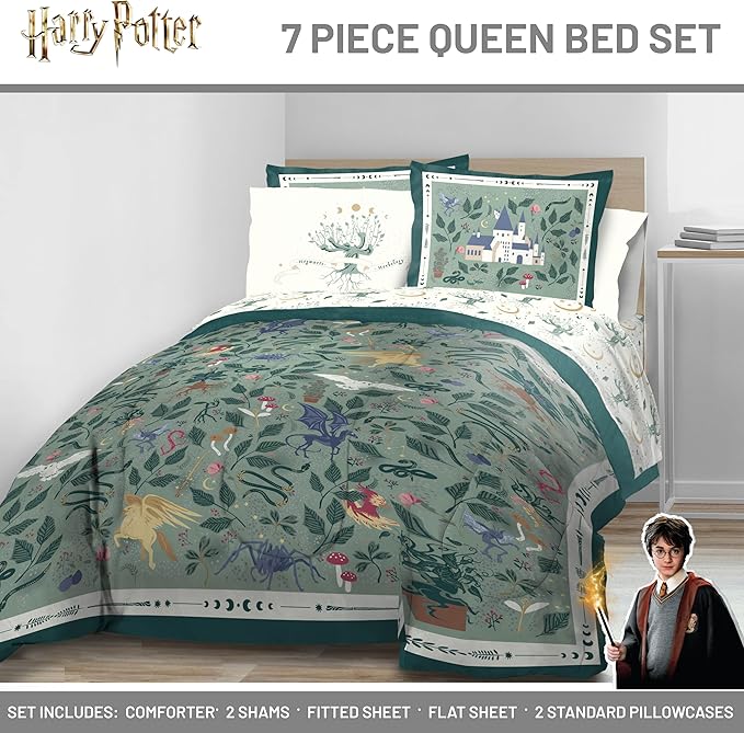 Jay Franco Kids Comforter Set Includes Sheets and Pillow Covers - Soft and Cozy Bed Set for Stylish Room Decor, Official Licensed Product, Green - Harry Potter, 7 Piece Queen
