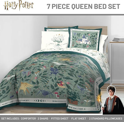 Jay Franco Kids Comforter Set Includes Sheets and Pillow Covers - Soft and Cozy Bed Set for Stylish Room Decor, Official Licensed Product, Green - Harry Potter, 7 Piece Queen