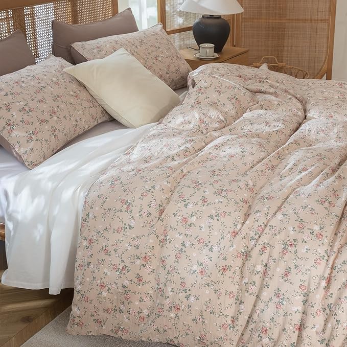 Jane yre King Duvet Cover Floral Soft Brushed Microfiber Crinkle Gauze 3 Pieces Floral Bedding Set Garden Style Vintage Flower King Duvet Cover, with Zipper Closure Luxury Breathable Comfy