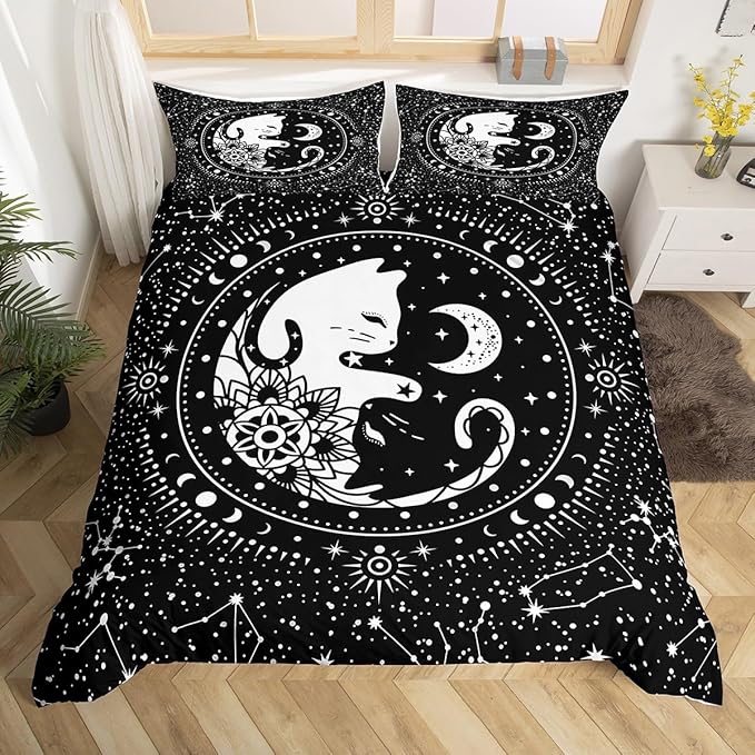 Cute Cats Duvet Cover Queen,Gothic Star Sky Moon Constellation Bedding Set 3pcs for Kids Teens Boy Girls Room Decor,Animals Flower Plants Comforter Cover Black Exotic Quilt Cover with 2 Pillowcases