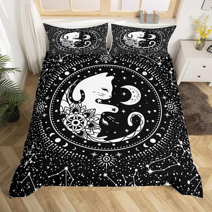 Galaxy Cats Duvet Cover Full Size,Gothic Starry Moon Constellation Bedding Set 3pcs for Kids Teens Boy Girls Room Decor,Animals Flower Plants Comforter Cover Black Exotic Quilt Cover,2 Pillowcases