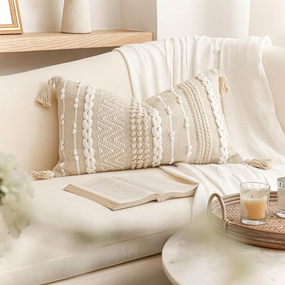 BlissBlush Decorative Lumbar Pillow Cover 14x24, Cream White Boho Accent Throw Pillow Case for Couch Sofa Bed, Modern Farmhouse Textured Lumbar Cushion Bedroom Living Room, Cover ONLY