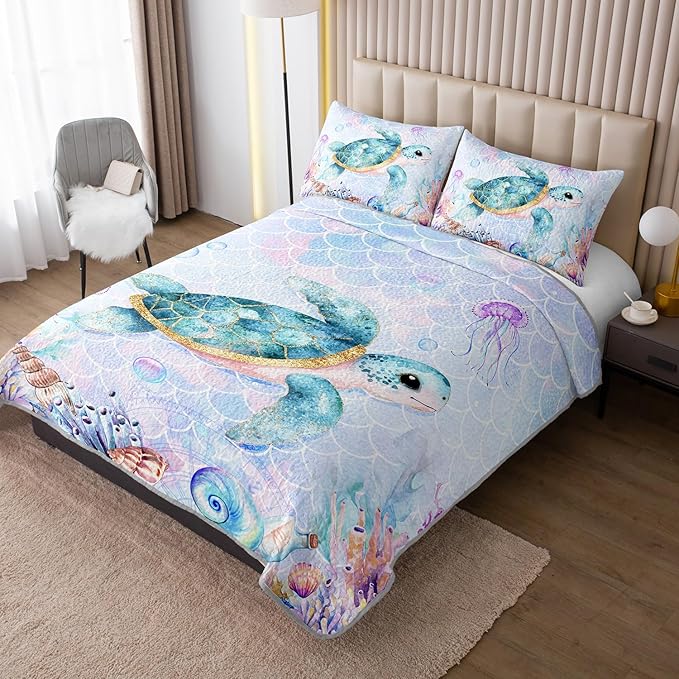Coastal Bedding Sea Turtle Quilted Set,Mermaid Scale Coral Pattern Bed Set for Toddler Kids Girls Beach Themed Room Decor,Full Quilt Bedding Sets with 2 Pillowcases.