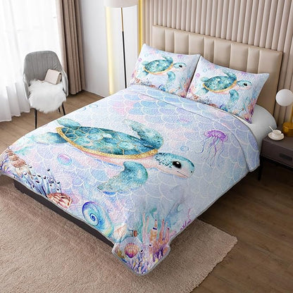 Coastal Bedding Sea Turtle Quilted Set,Mermaid Scale Coral Pattern Bed Set for Toddler Kids Girls Beach Themed Room Decor,King Quilt Bedding Sets with 2 Pillowcases.