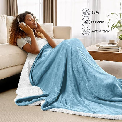 Utopia Bedding Sherpa Blanket King Size (Washed Blue, 90x102 Inches) - Soft Lightweight Plush Fleece Reversible Blanket for Bed, Sofa, Couch, Camping and Travel