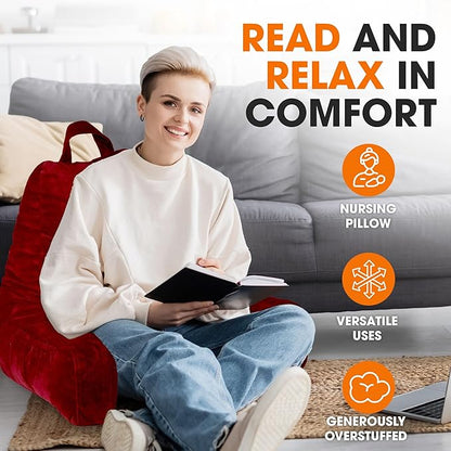 Cheer Collection Reading Pillow with Arms – Portable Bed Pillow for Sitting Up & Support, Hollow Fiber-Filled Back Rest Pillow for Sitting in Bed & Couch, Machine Washable, Maroon