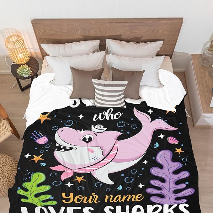 Custom Just A Girl Who Loves Sharks Blankets Gifts for Kids Adult On Bed Sofa,Personalized Premium Flannel Blankets for Birthday Christmas Thanksgiving All Season Use 90''x 120'' -XL