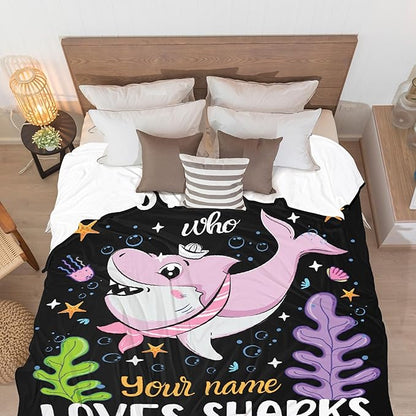 Custom Just A Girl Who Loves Sharks Blankets Gifts for Kids Adult On Bed Sofa,Personalized Premium Flannel Blankets for Birthday Christmas Thanksgiving All Season Use 90''x 120'' -XL