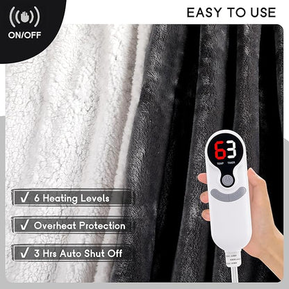 Heated Blanket Electric Throw 50''x60'', 3 Hour Auto Shut-Off 6 Heating Levels Small Warm Soft Flannel Electric Blanket Machine Washable - Dark Gray