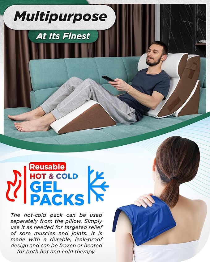 Lunix 4pcs Orthopedic Bed Wedge Pillow Set, Post Surgery Memory Foam for Back, Knee, Leg Pain Relief, Adjustable Sitting Pillow for Sleeping, Acid Reflux, GERD, with Hot Cold Pack, Brown