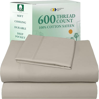 California Design Den Twin XL Sheets Set - Luxury 600 Thread Count Sateen, Natural 100% Cotton Bed Sheets Twin XL, Fully Elasticized Deep Pockets, Cool and Durable Bedding for Dorm Room - Soft Linen
