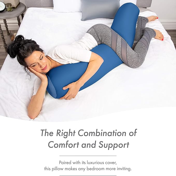 Straight Body Pillow, Full Size Premium Microbead,Side Sleeping/Maternity Pregnant Women, Supportive,Fluffy, Breathable, Cooling, 85/15 Spandex/Nylon Silky Feel Anti-Aging - 48” X 8” - Peacock Blue