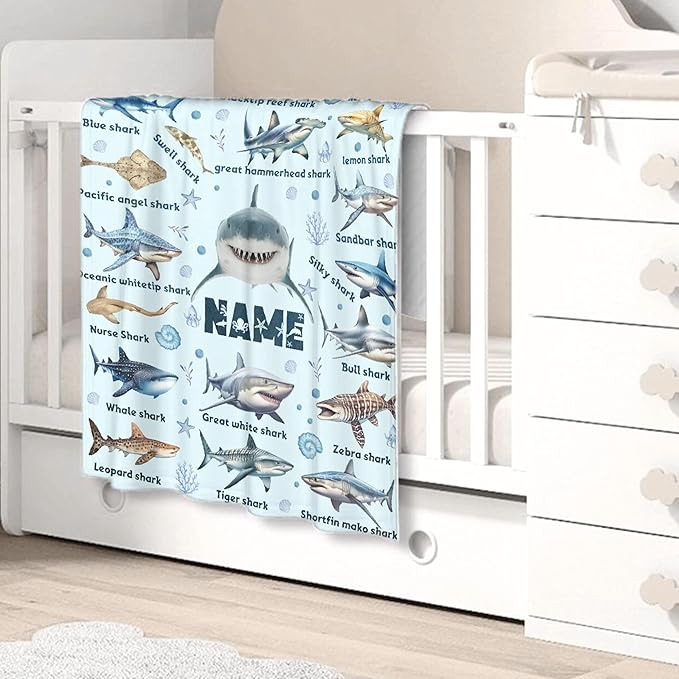Personalized Custom Baby Blanket with Name - Shark Ocean Swaddle Blanket for Toddlers, Infants, Kids, Newborns - Nursery Stroller Crib Decor Throw Birthday Gift