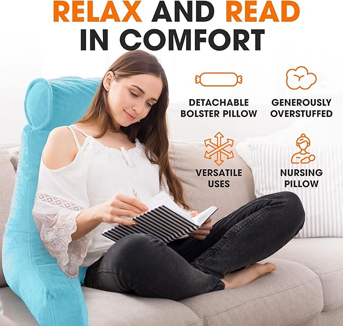 Cheer Collection Reading Pillow Chair - Chair Pillow with Arms and Detachable Neck Bolster for Bed & Couch - Machine Washable, Sky Blue