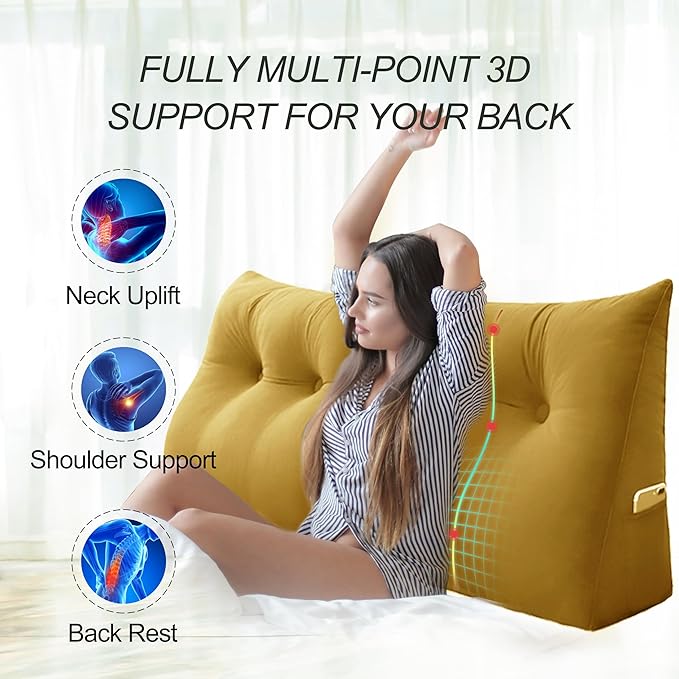 WOWMAX 100% Cotton Velvet Headboard Pillow – Queen Size Wedge Back Support Reading Bolster for Bed & Daybed, Handmade Firm Support Cushion with Removable Cover, Soft Luxury Bed Rest Pillow, Yellow