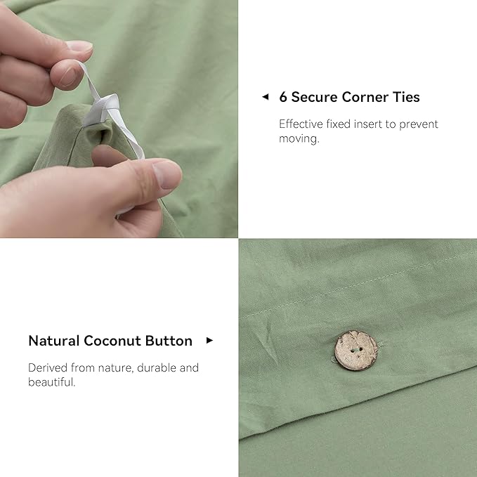 JELLYMONI Cotton Duvet Cover King Size - Light Green Comforter Cover with Button 100% Washed Cotton 3PCS Breathable Soft Solid Bedding Set Duvet Cover 104×90in & 2 Pillowcases (NO Comforter)