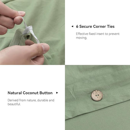 JELLYMONI Cotton Duvet Cover Queen Size - Light Green Comforter Cover with Button 100% Washed Cotton 3PCS Breathable Soft Solid Bedding Set Duvet Cover 90×90in & 2 Pillowcases (NO Comforter)