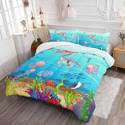 Turtle Comforter Set Twin Ocean Watercolor Sea Turtle Bedding Set Tropical Fish Marine Life Bed Set with 2 Pillowcases for Kids Room Decor