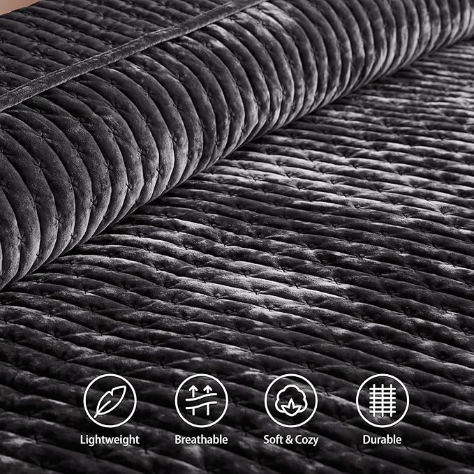 LEAONME Velvet Quilt Set Full/Queen Size 90''x98'', Lightweight Black Velvet Comforter Set with 2 Matching Shams, Soft Cross Stitch Bedspread Coverlet Bedding Set for All Season