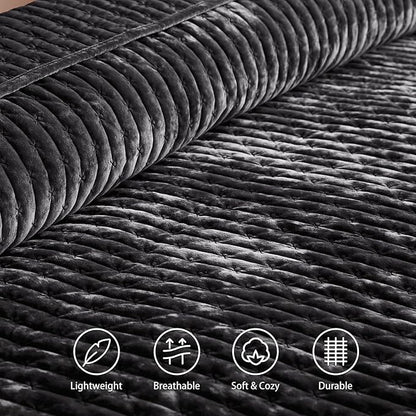 LEAONME Oversized King Quilt 120''x120'', Lightweight Black Velvet Comforter Set with 2 Matching Shams, Soft Cross Stitch Bedspread Coverlet, Oversized King Bedding Set for All Season